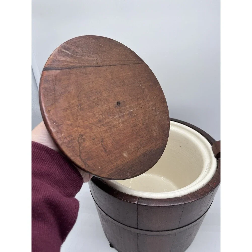 Antique Primitive Porcelain Lined Biscuit/Tobacco Jar/Ice Bucket Wooden Barrel